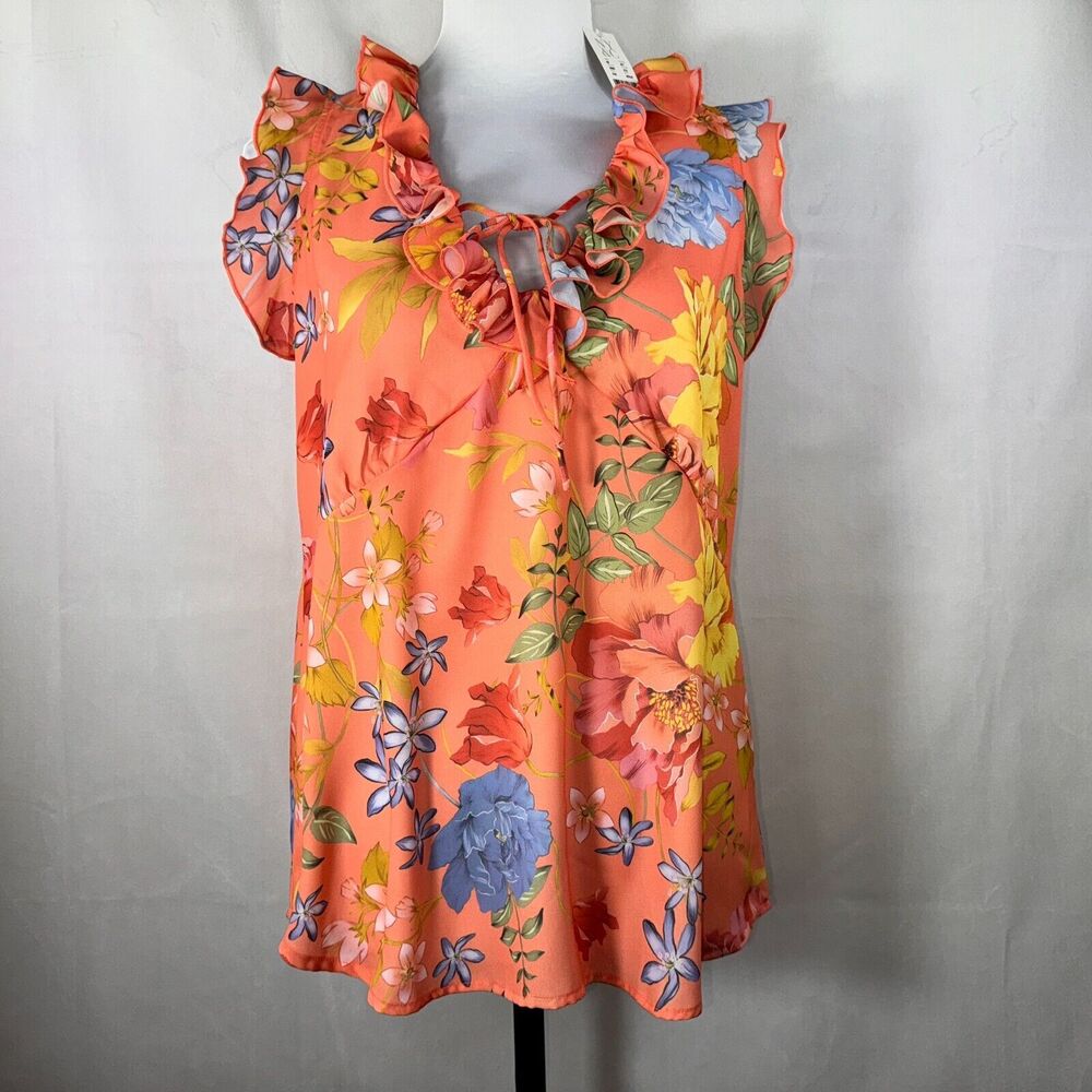 Sweet Pea Top Sz S Orange Floral Print Ruffled V-neck tie Ruffled cap sleeves